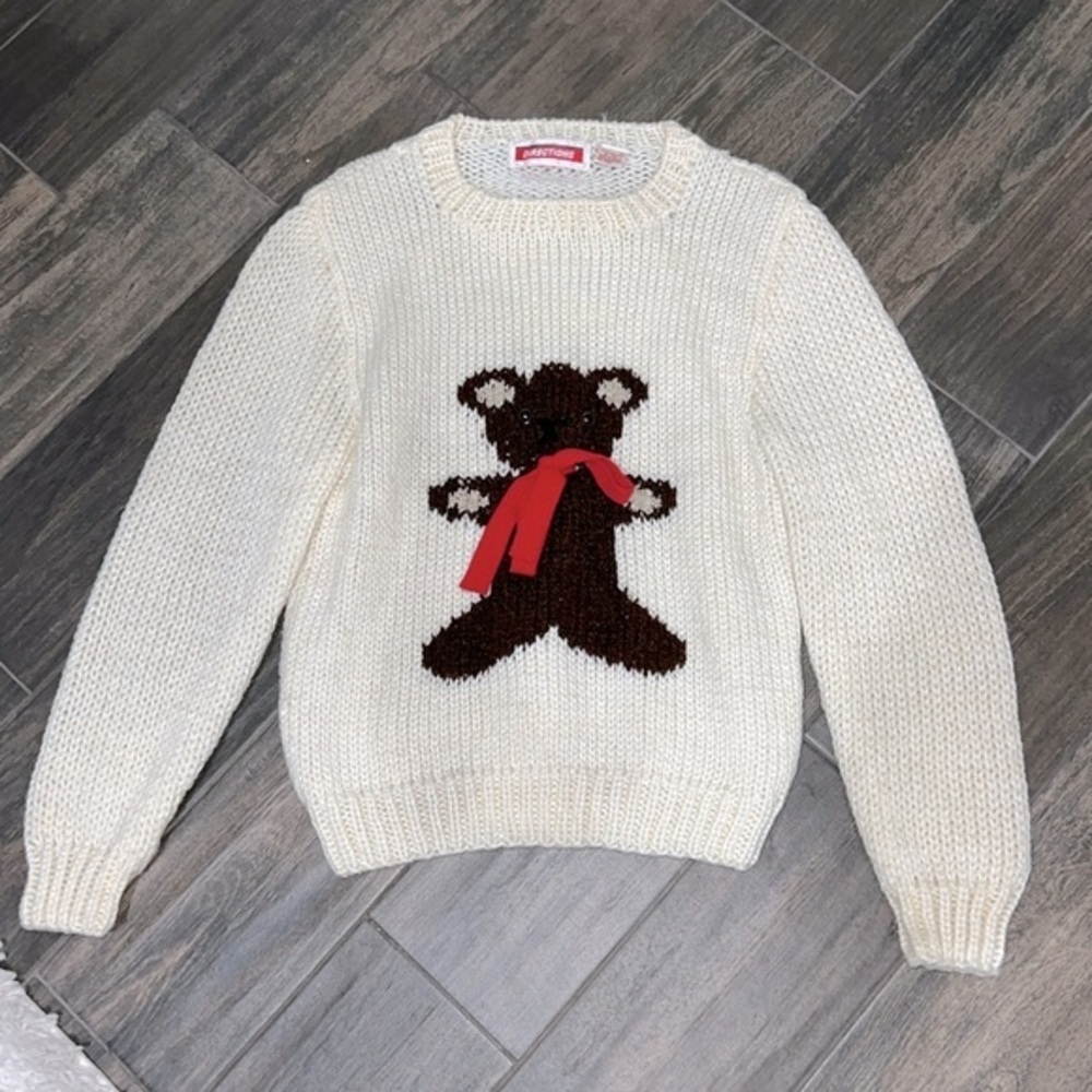 Vintage 1980’s Directions Hand Knit Teddy Bear Granny Sweater Sz L